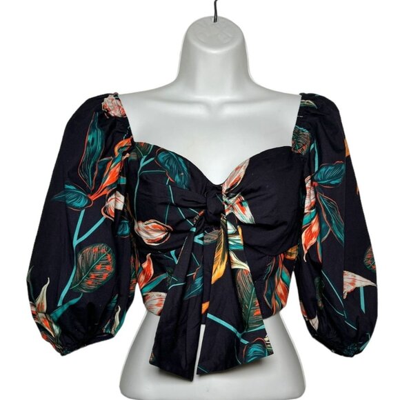 Andres Otalora  Falabella Puff Sleeve Tie Front Cropped Blouse Navy Tropical XS - Picture 3 of 10